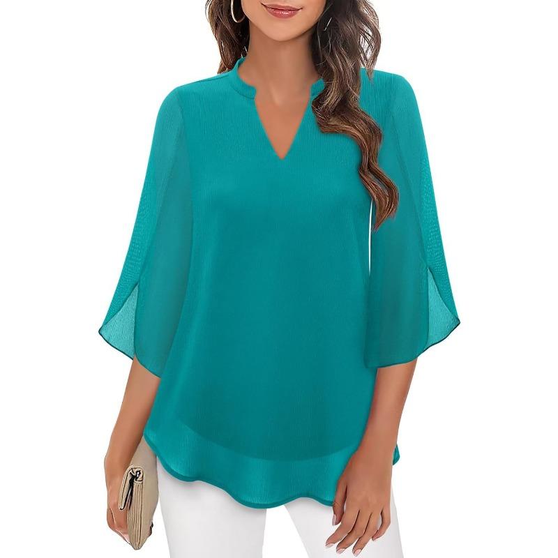 Fashion Loose Casual Summer Chiffon Blouse Women Loose V-neck Shirt Elegant Short Sleeve Solid Color Top Office Ladies Female Basic Women's Clothing