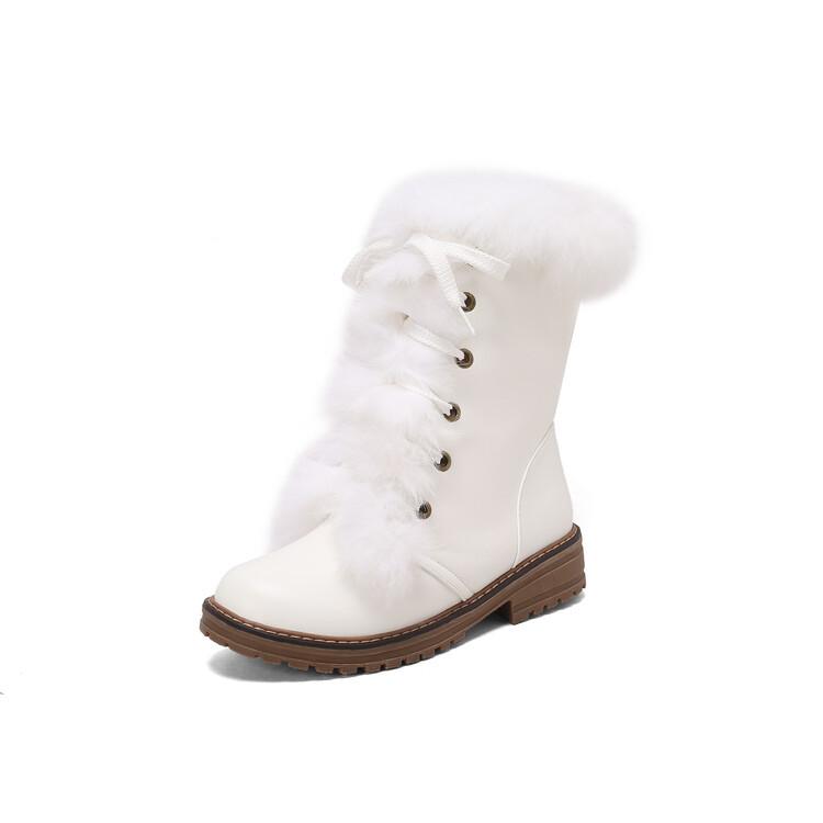 Winter thick-soled warm plush straps fluffy snow boots medium boots white