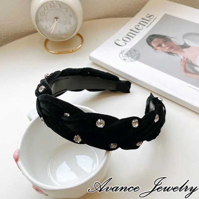 Avance Headband Hairband Cute Popular Hair Accessory Velvet Pearl Black Women's (C)
