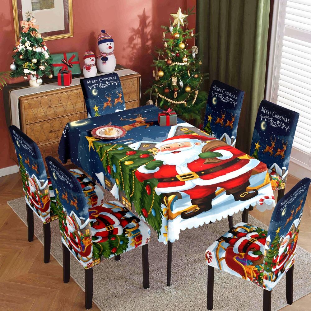 Christmas Santa Print Waterproof Polyester Tablecloth and Chair Covers Set for Dining Room