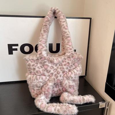 Cute Plush Bow Messenger Bag Women's New Autumn Tote Bag Soft Cute Fluffy Large Capacity Shoulder Bag