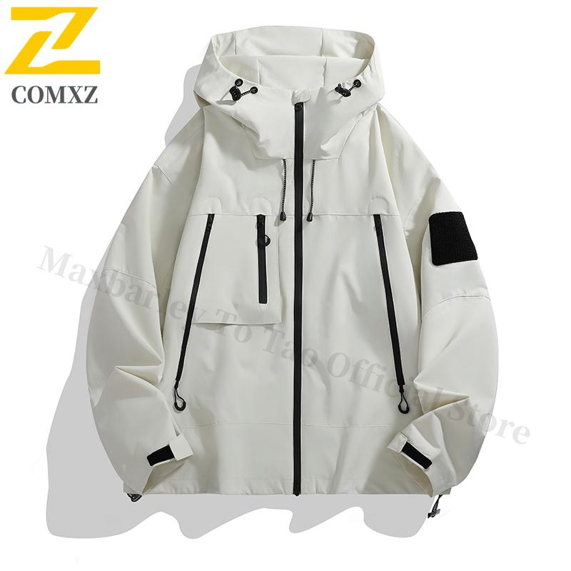

Men Outdoor Waterproof Windbreaker Spring Autumn Multi-Pocket Workwear Style Detachable Hooded Hiking Coat Thermal Liner Jacket S слоновая кость