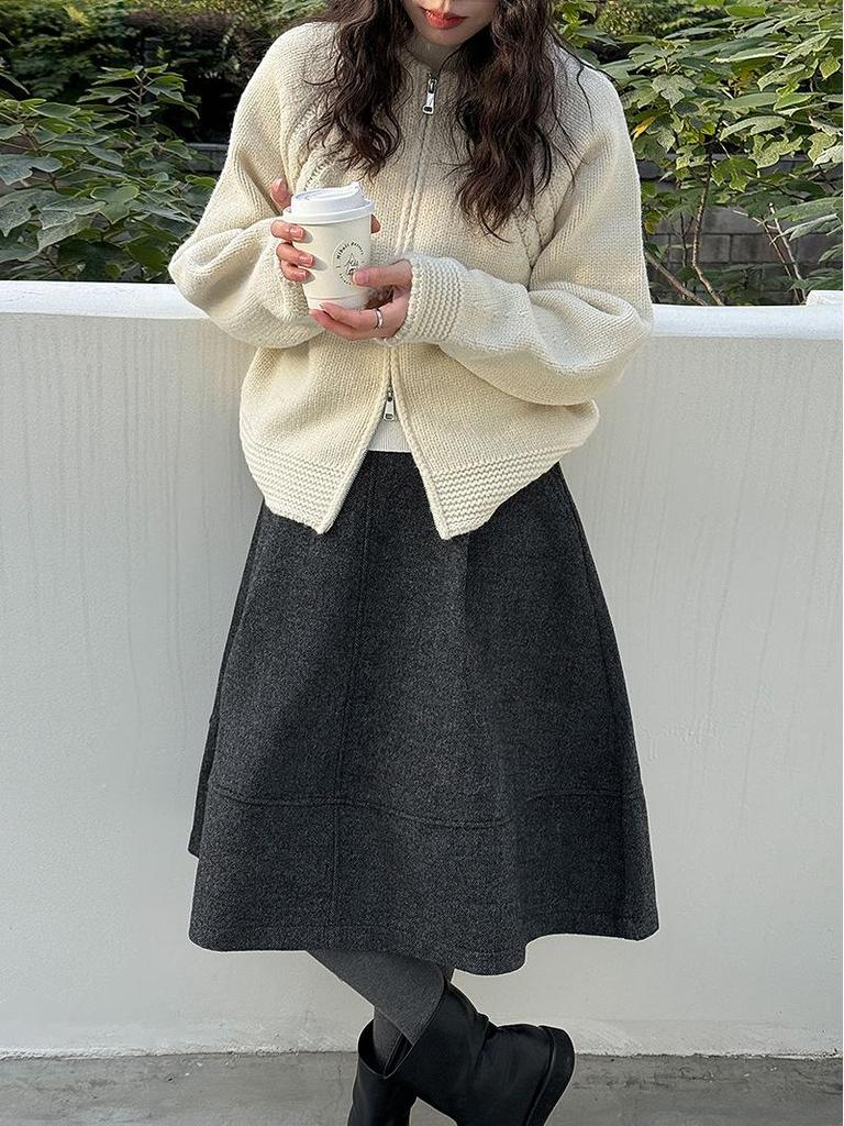 Lu Xi Women's Korean Semi-Elastic Wool A-Line High-Waisted Umbrella Skirt - Autumn/Winter Bud Shape