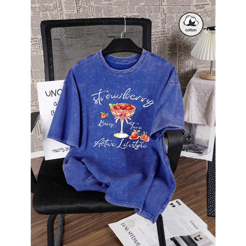 

Delicious Strawberry Shake Print Women Washed T Shirts Hip Hop Summer T-Shirt Loose Short Sleeves Cotton Streetwear S