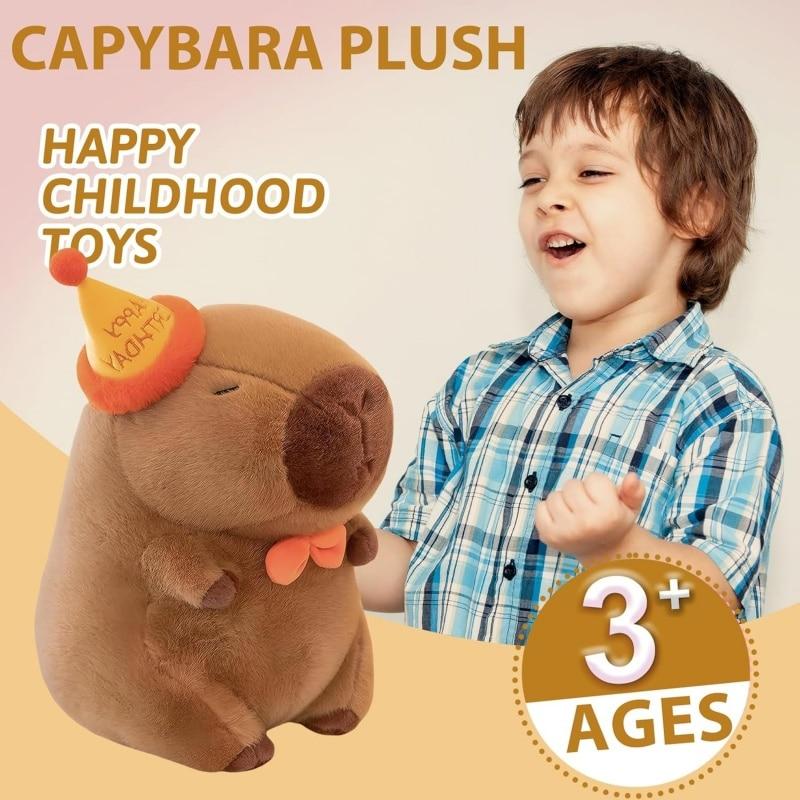 Capybara Plush Toy 25cm Brown Birthday Theme Soft Animal Stuffed Doll with Hat Safe Material Perfect Gift for Kids & Adults