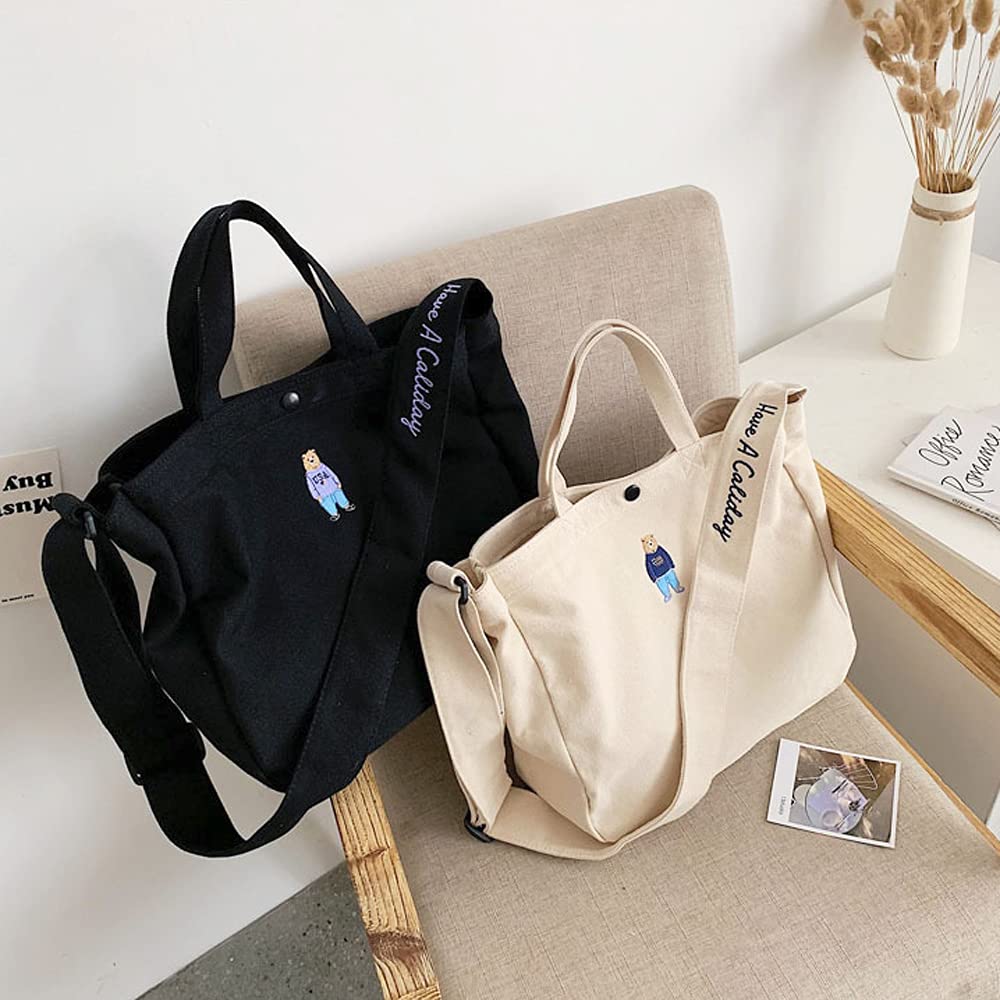 Girls Cute Embroidered Bear Shoulder Bag 2way Canvas Tote Bag Large Capacity Shoulder Tote Bag [Umetoo] (Beige)