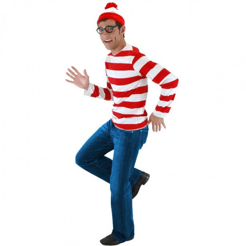 

Anime Wheres Wally Inspired Cosplay Costume With Striped Socks Hat And Glasses Adult Male Set,L
