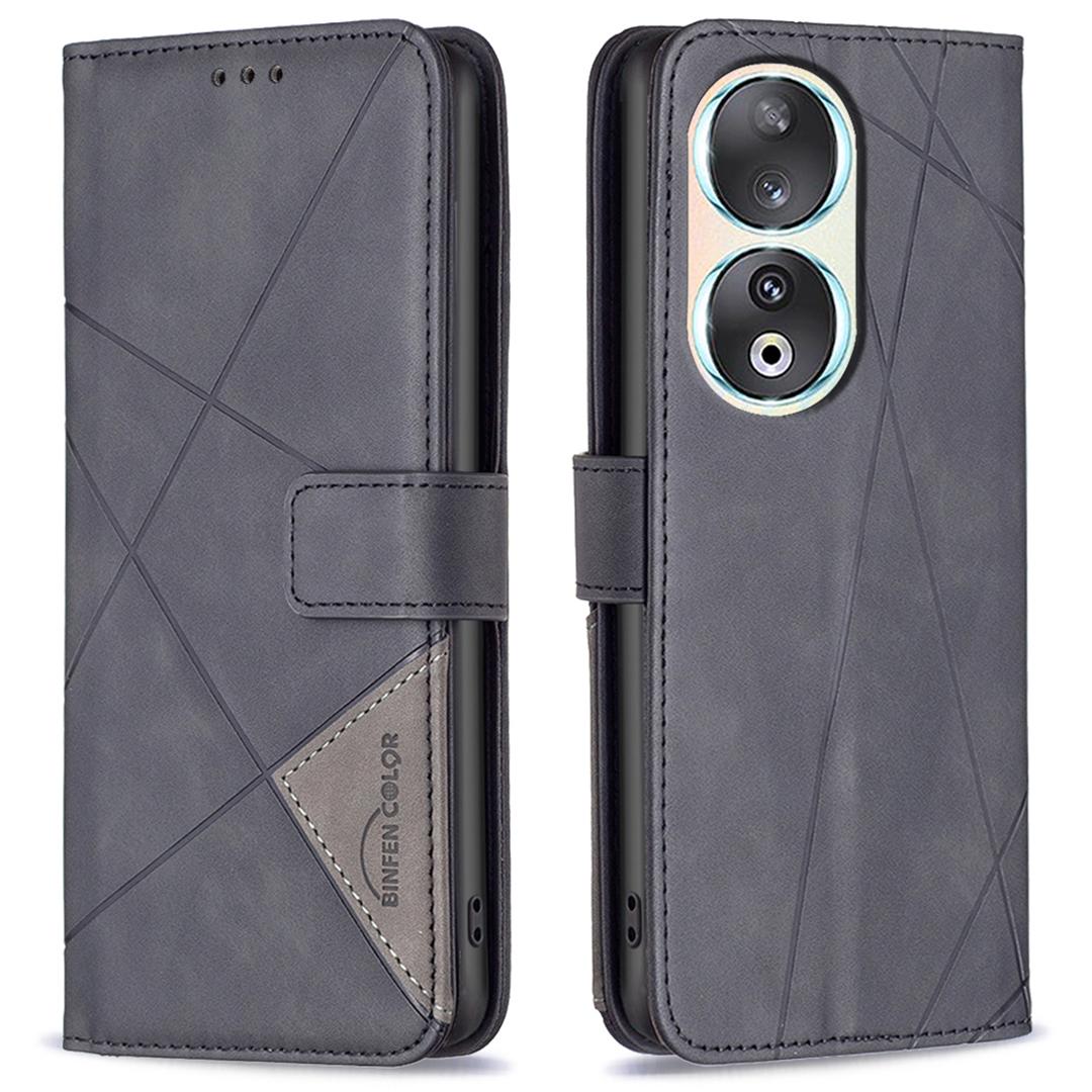 

BINFEN COLOR For Honor 90 Phone Cases Wallet Stand Geometry Imprinted Leather Cover Black