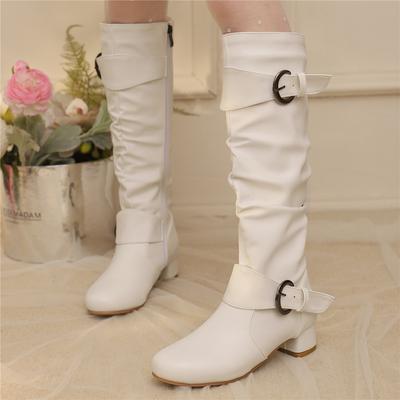 Classic Women Knee High Boots Ankle Strap Buckle Round Toe Block Heels Size 34-48 Pleated Fashion Booties Autumn Winter New
