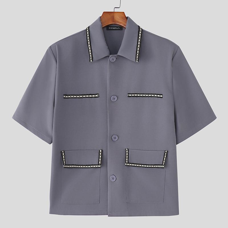 

INCERUN Men Lapel Short Sleeve Embroidery Patchwork Casual Loose Shirts Tops 5XL сірий колір
