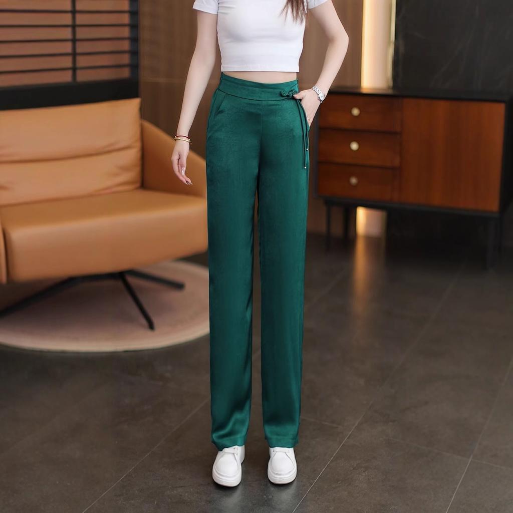 Kalhoty se širokými nohavicemi pro ženy v létě z ledového hedvábí, chladivé kalhoty s rovnými nohavicemi, nový čínský styl, potištěné kalhoty na knoflíky