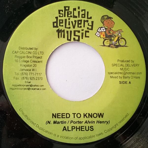 

7inch Record ALPHEUS - Need to Know NONE Special Deliver Jamaica Reggae, Ska & Dub Used
