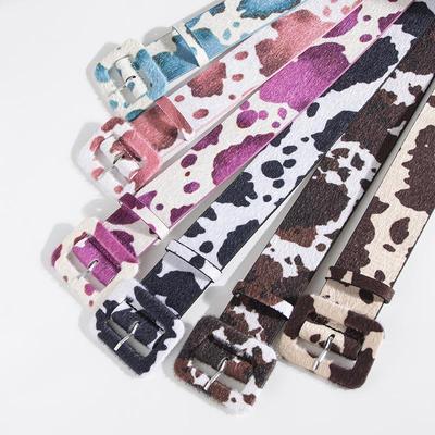 Y2K Women’s Cow Print Faux Fur Belt with Wide Brown Buckle