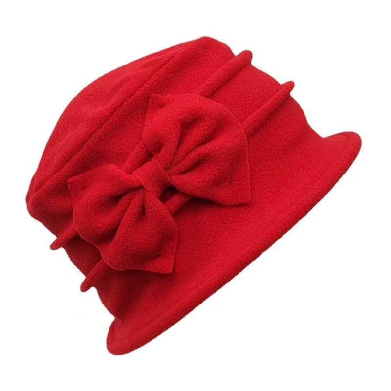 Womens Bell Beret Hat French elegant Vintage Floral Fleece Cloche Hat Classic Winter 1920s Bucket Hat 57-59CM красный