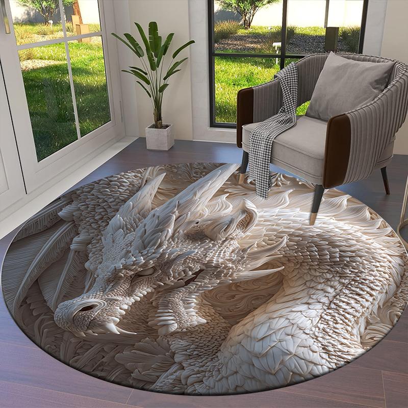 Stone Carving Leopard and Dragon Round Area Rug,Carpet Rug for Living Room Bedroom Sofa Playroom Decor,Non-slip Floor Mat