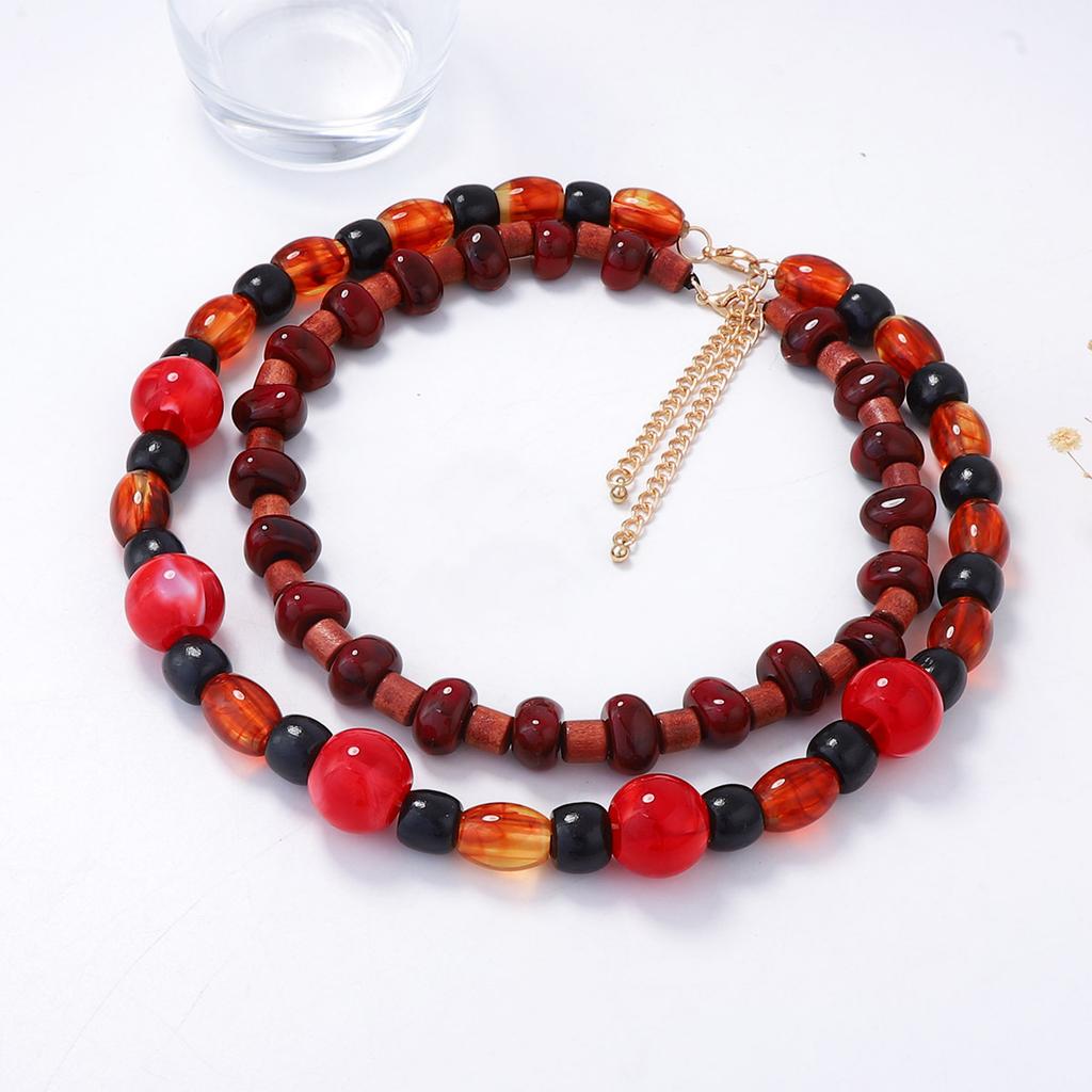 Personality trend retro ethnic style geometric wood plastic beaded multi-layer stacked necklace casual simple woman