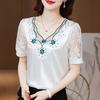 4XL Women Shirt V Neck Stitching Satin Lace Blouse Summer Short Sleeve Flower Mesh Tops Blusa Feminina
