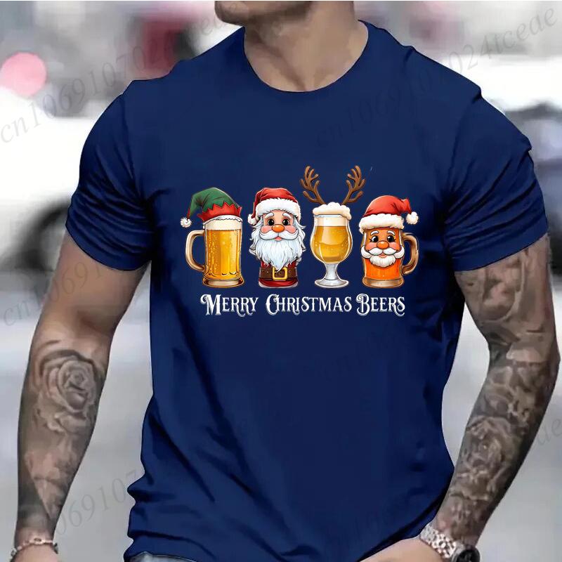 Cotton Funny Christmas Drinking T-Shirt  Merry Christmas Santa Beer Print T-Shirt Men Fashion Casual Short Sleeves Breathable Tshirt Tees Tops