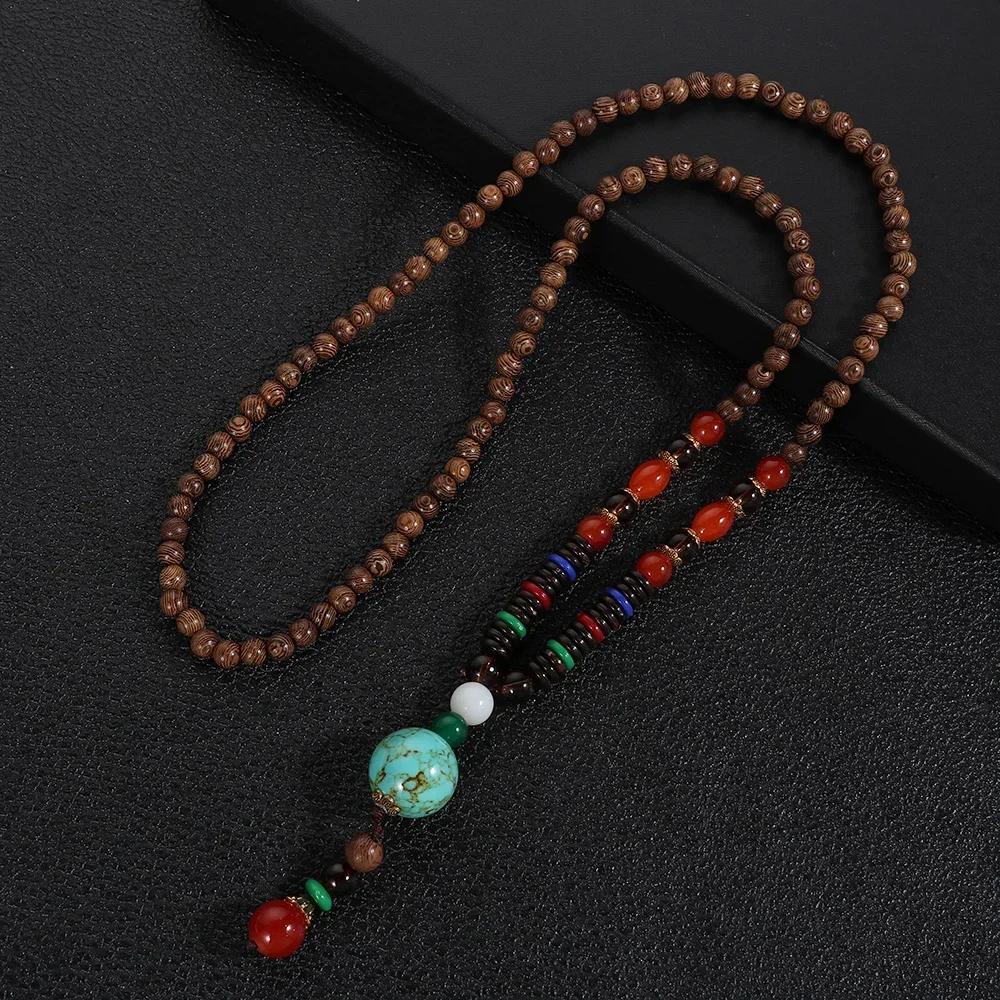 Handmade Nepal Buddhist Mala Bead Pendant Necklace Ethnic Wooden Bead Long Jewelry Gifts For Women