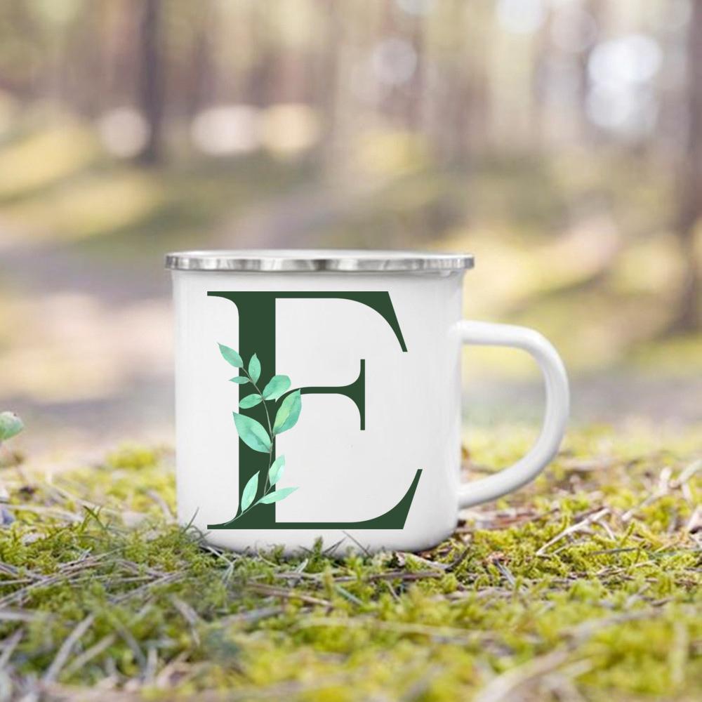 Emaille-Tasse mit Henkel, Aquarell, grünes Blatt mit Alphabet, Tasse, personalisierte Geschenke, Kaffee-Reisebecher, Bierbecher für Kaffee- und Teetassen