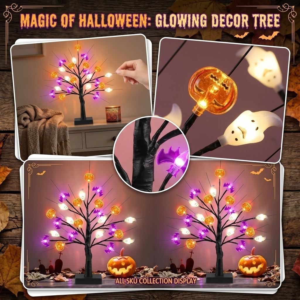 LED Halloween Lighted Tree Decoration Indoor Battery Operated Tabletop Halloween Ornament with Pumpkin Ghost and Bat Shapes for Home