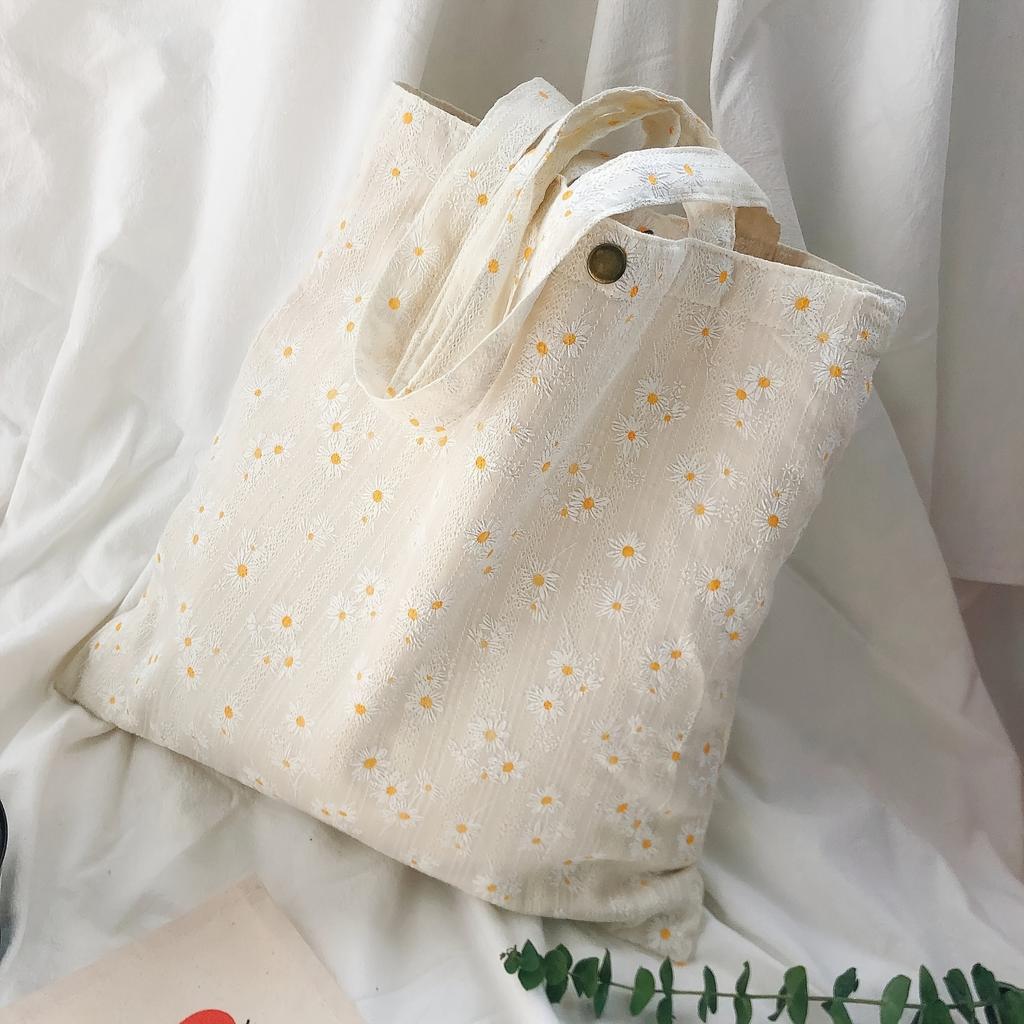 Daisy Embroidered Tote Bag for Women Sweet Style Floral Shoulder Bag with Fixed Strap Reusable Shopping/Gift Bag Perfect for Mother Day Weddings