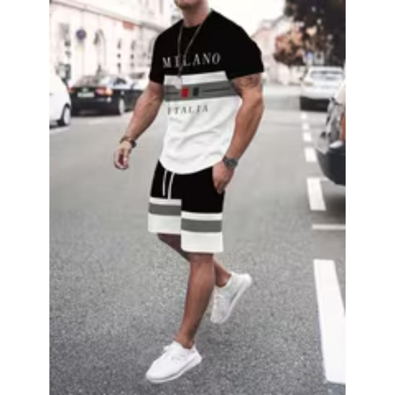 Men s Italian Milan Style Casual Set with Short Sleeve and Shorts, Top Features Black and Beige Splicing Design S