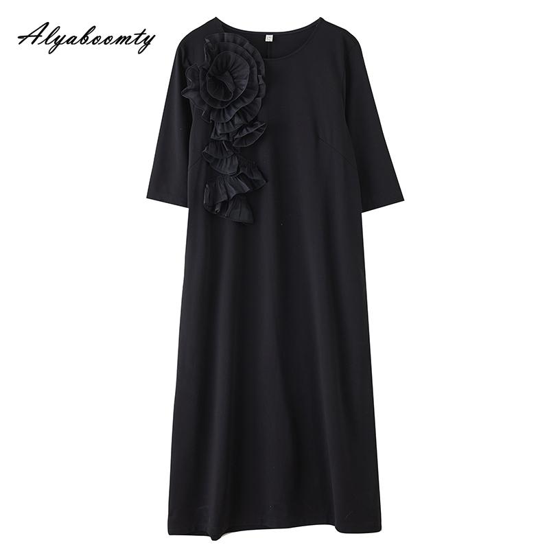 Large Size Spring Summer Wome Black Midi Dress Brief O Neck Casual Loose Floral Party Dress Half Sleeve Split Feminine Dress