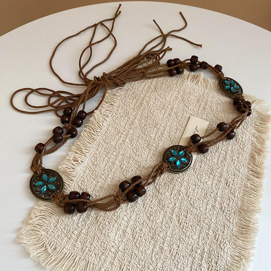 Ethnic Style Wax Rope Wood Bead Acrylic Woven Oval Waist Chain Temperament Belt Versatile Waist Jewelry
