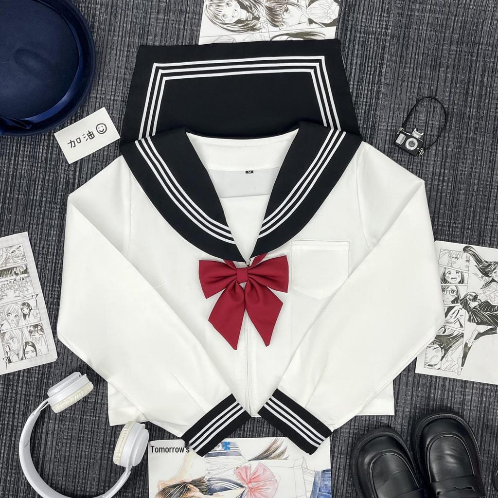 Japanese Academy-Style Sailor Suit: Black Collar, White Stripes, Mid-Length JK Uniform Costume Set