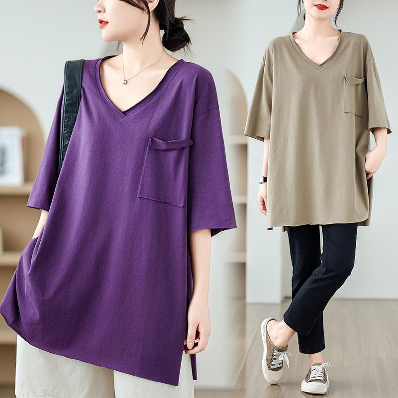 Dimanaf Camiseta de talla grande de verano 2025 para mujer, cuello en V, manga corta, lisa, holgada, maxi