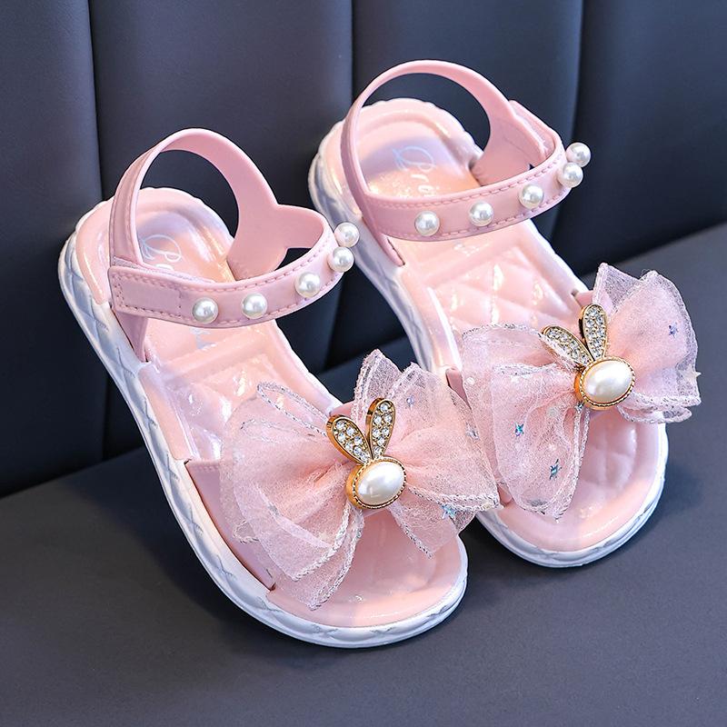 Summer Bow Beading Decoration Sandals For Girls Princess Style Children Slippers Non-slip Seabeach Flip Flops Home Kids Shoes
