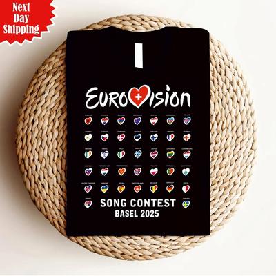 Alle Flaggen Eurovision Song Contest Basel 2025 T-Shirt Bedruckte Flaggen Herzen T-Shirt Top