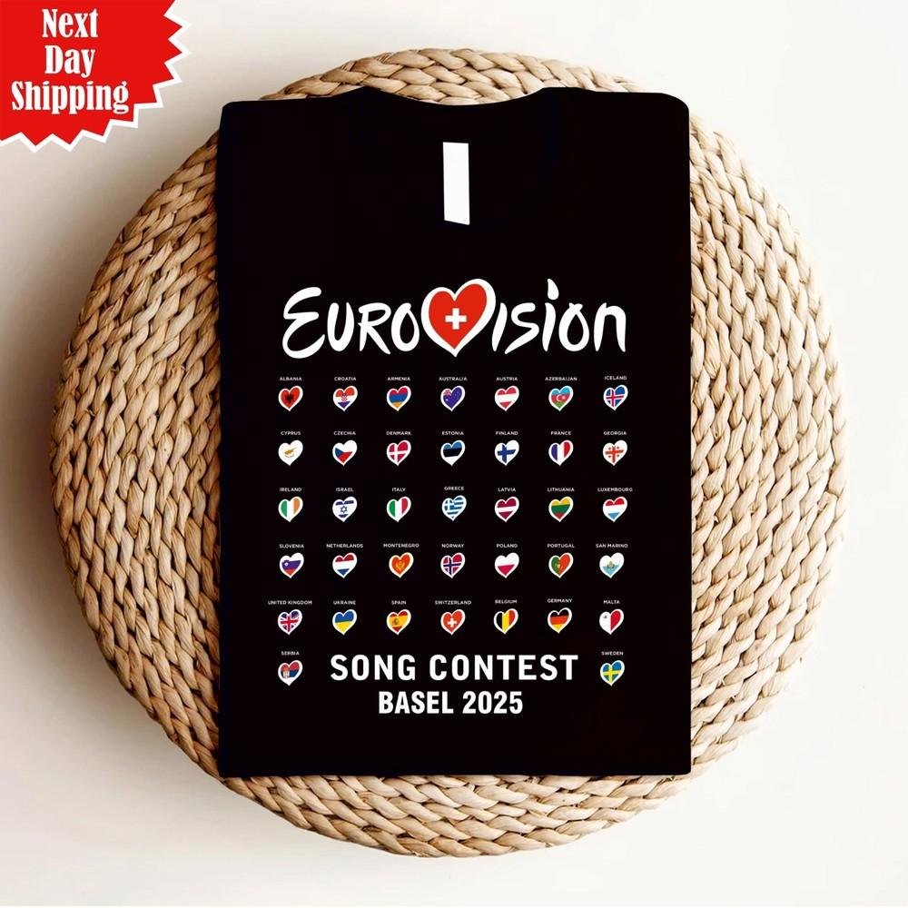 

All Flag Eurovision Song Contest Basel 2025 T Shirt Printed Flags Hearts Tee Top 4XL