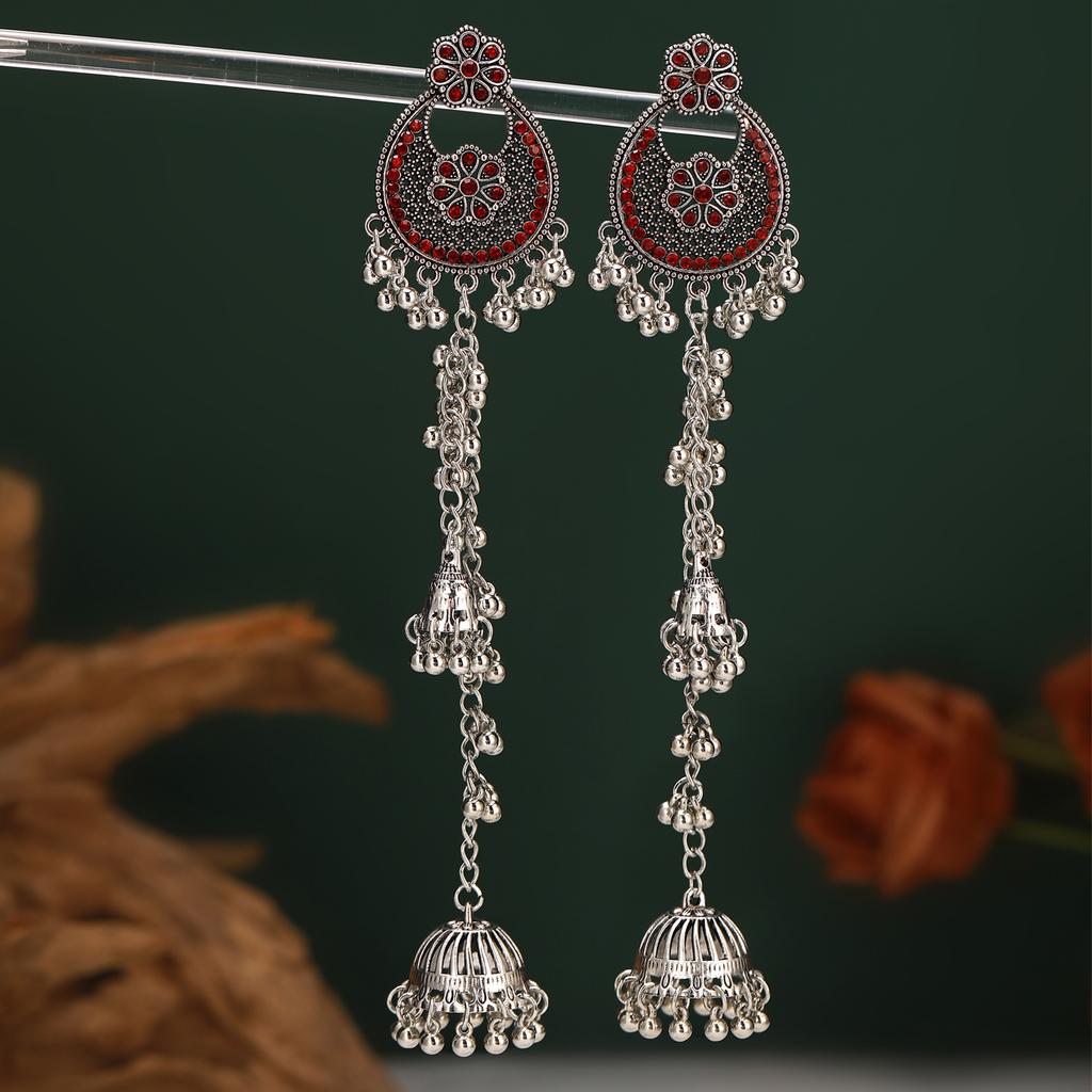 Retro Diamond-Encrusted Bell Long Fringed Flower Earrings, Bohemian Ethnic Style Fashion Design Earrings Women
