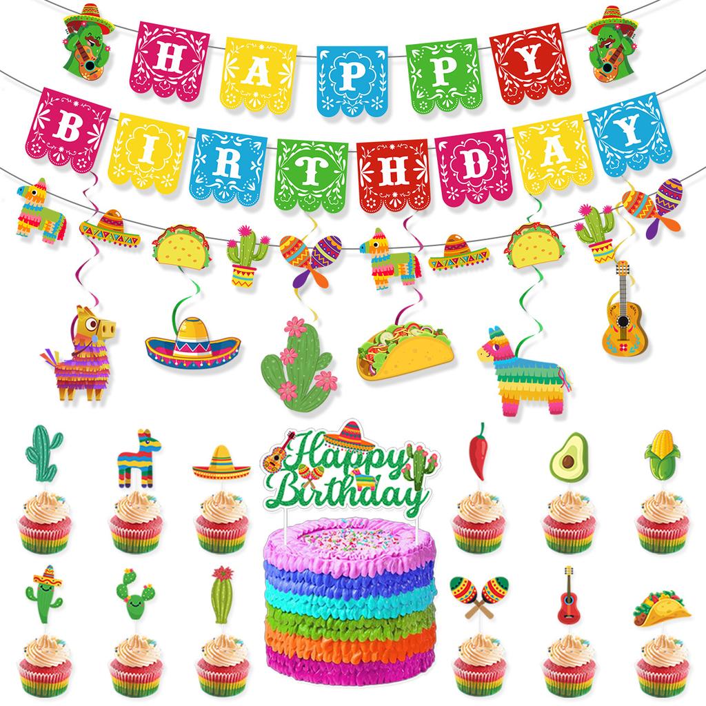 Mexican Carnival Theme Party Decoration Birthday Flag Cake Plug Balloon Customization