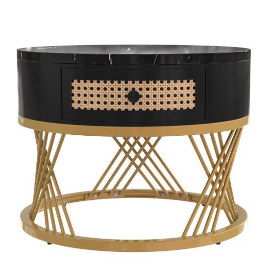 End Table 2 In 1 Round Coffee Made of MDF Side with A Marble Tabletop and Plastic Rattan Sofa Drawers Solid Wood Handles Gold-Colored Iron Legs. 70