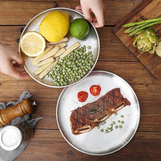 Camping Dinner Plate Stainless Steel Serving Plate Rustproof Heat-Resistant Reusable Dishwasher Safe Feeding