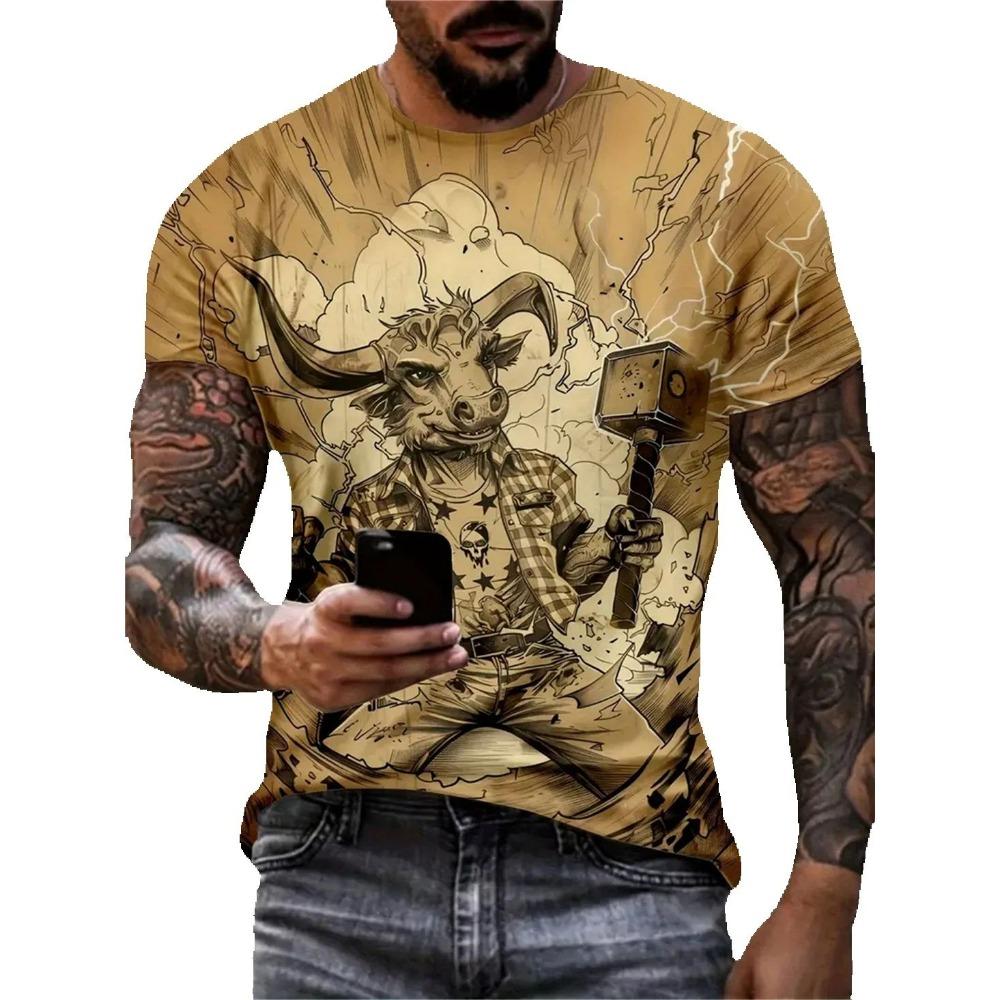 Summer Men Street Casual Clothing Vintage 3D Funny Animal Print Short Sleeve O Neck Oversized