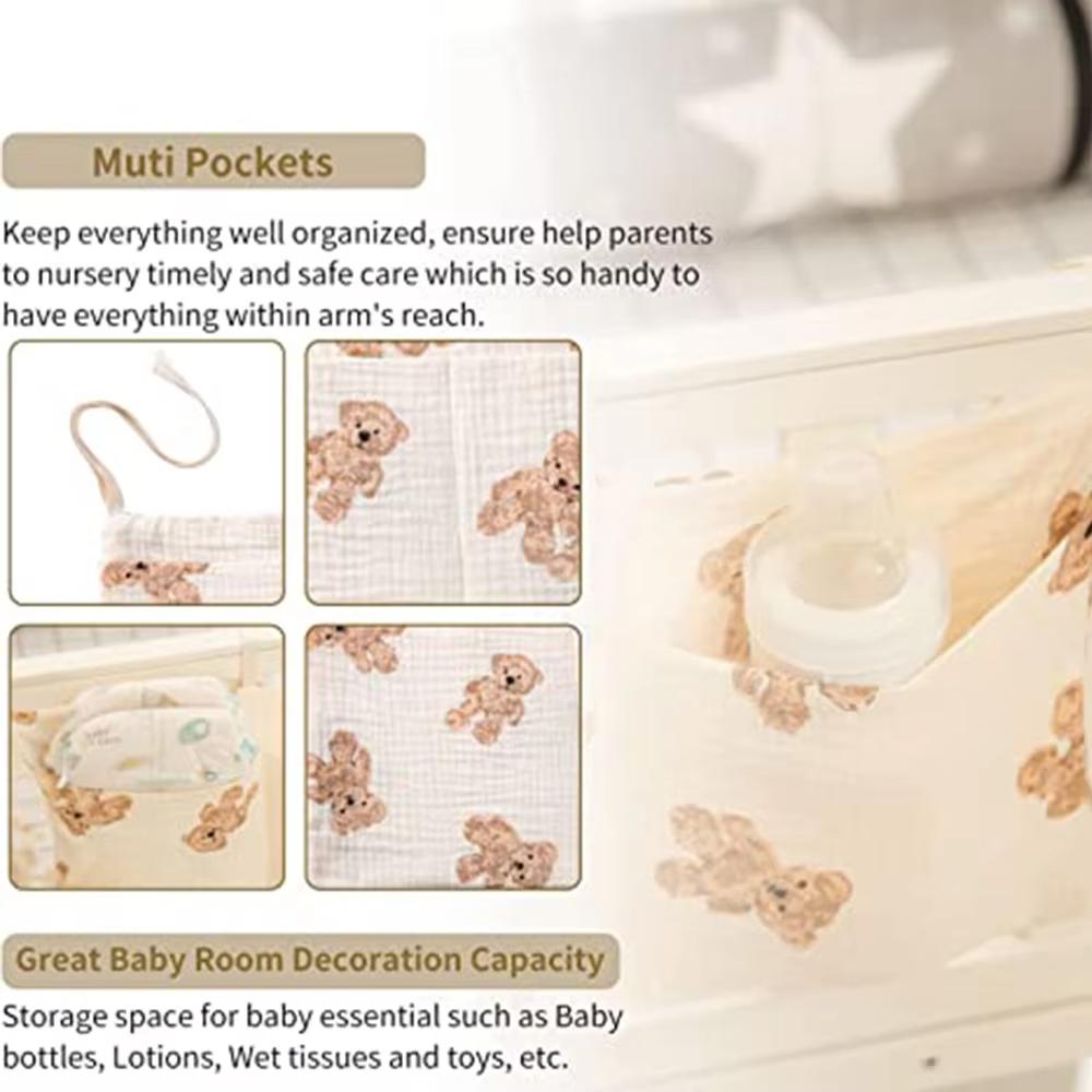 Baby Crib Organizer Cot Caddy Bed Storage Bag 2 Pockets Bedside Hanging Diaper Pure cotton Organizer for Diapers Toys Clothing