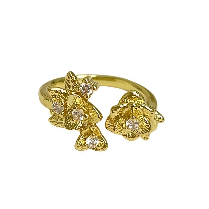 Medieval Style Flower Compass Open Ring Full Of Diamonds Zircon Court Style Retro Gold Phoenix Premium Ring