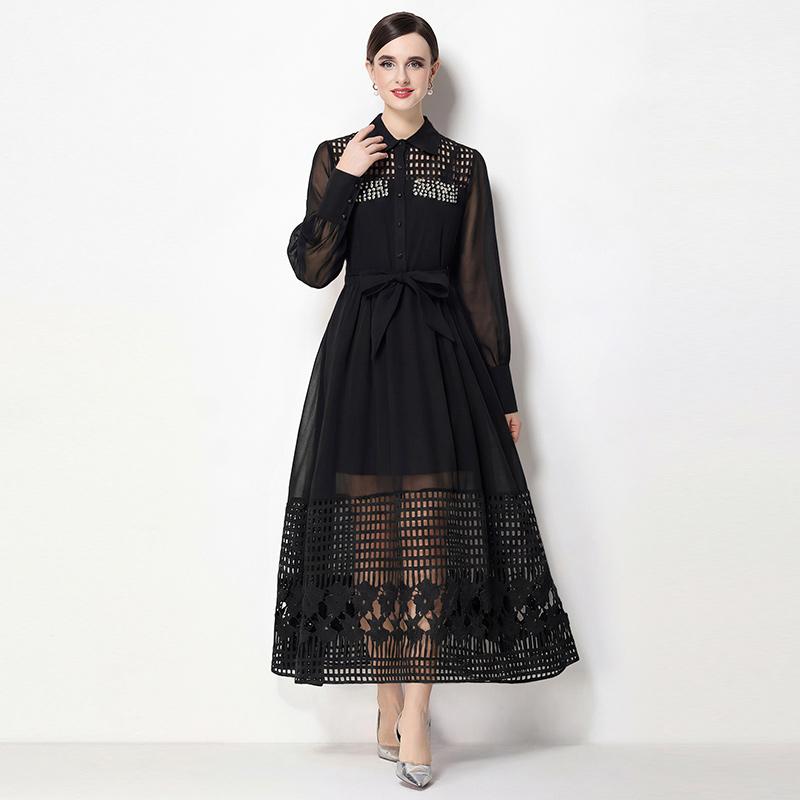 Summer Hollow Out Beaded Loose Chiffon Beach Dress Shirt Women's Puff Sleeve Lace Up Belt Holiday Party Long Robes Maxi Dress