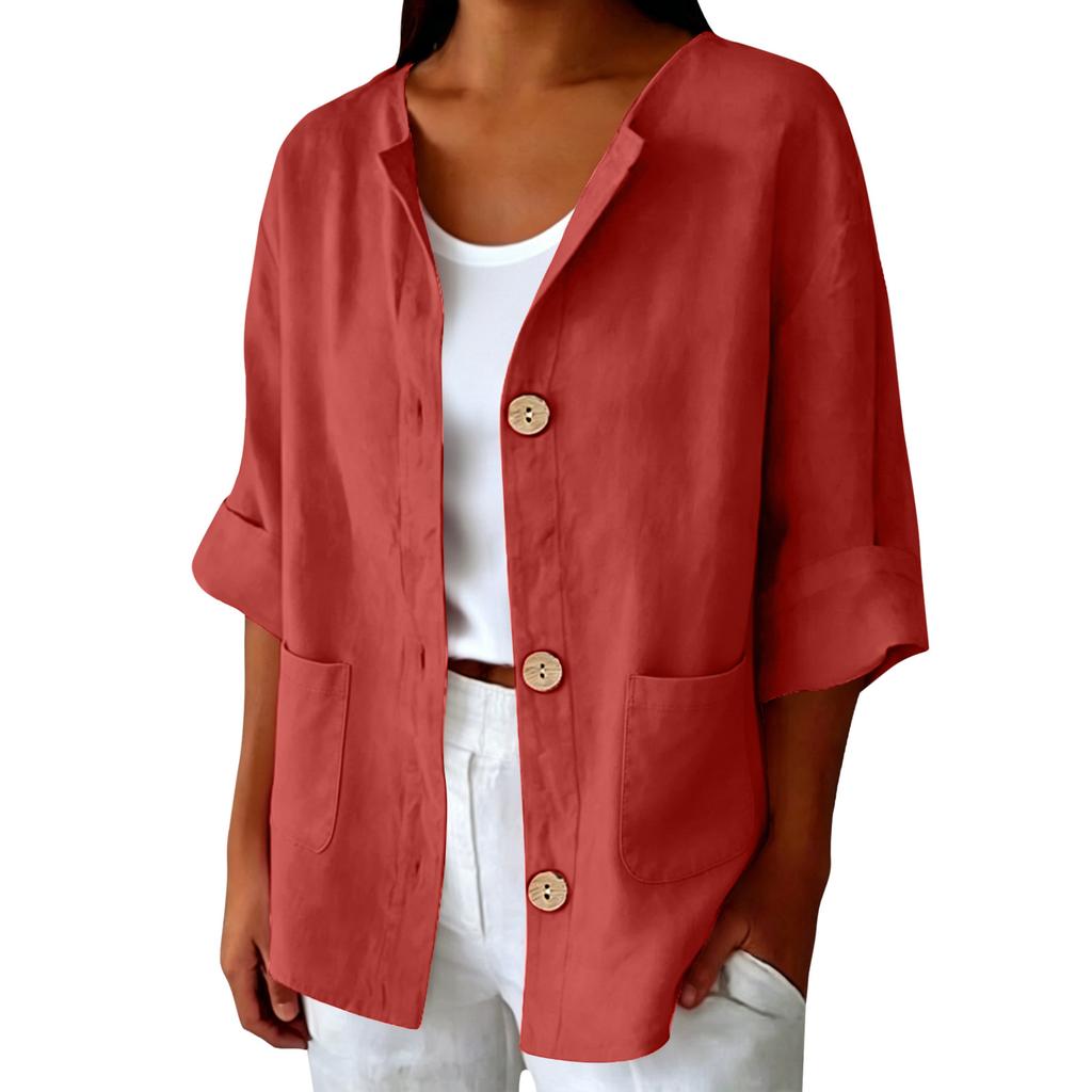 Women Casual Solid Color Linen Cotton Blend Cardigan Button Front Pocket Long Sleeve Lightweight Jacket