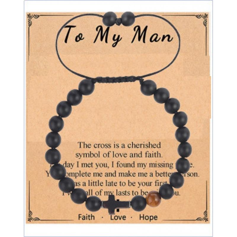 Father's Day Gift Bracelet Black Cross Pendant Black Rope Braided Adjustable 8mm Black Frosted Cross Bracelet