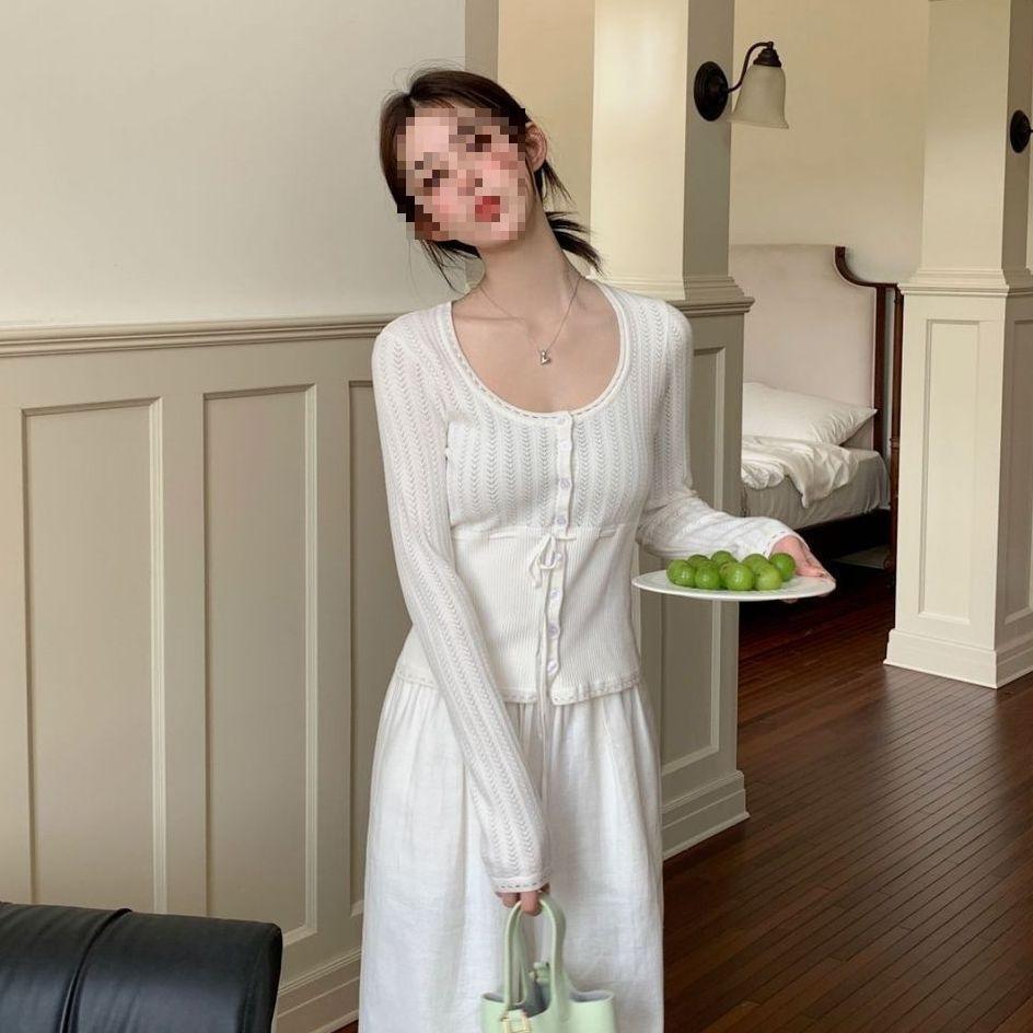 Hollow lace button bow crew neck small cardigan waist lace-up top women s spring new top s 40-47.5kg белый