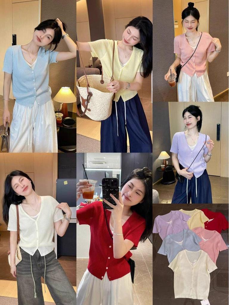 Korean Style V-Neck Two-in-One Knitwear: Summer 2025 Short-Sleeved T-Shirt.