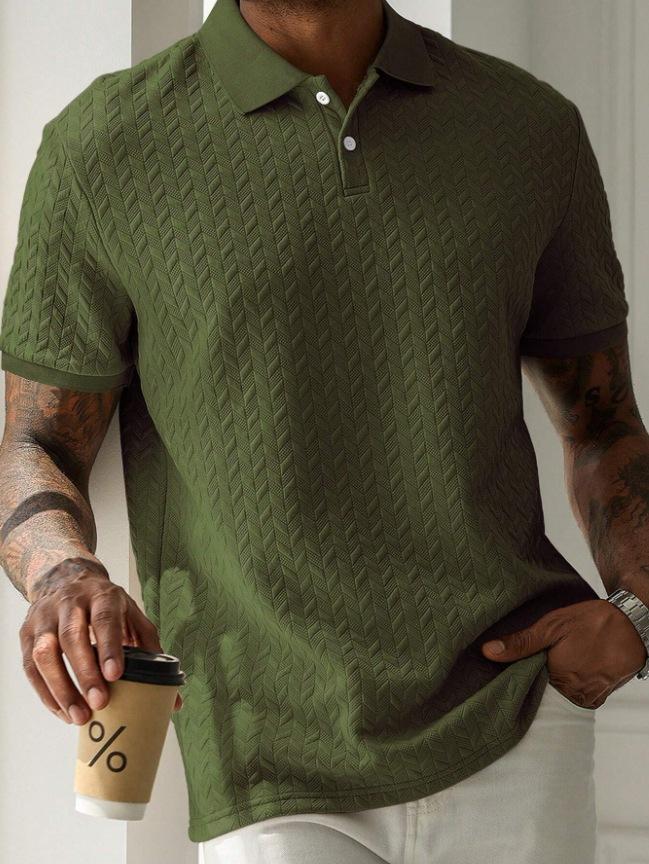 Men's Short Sleeve Knit Texture Polo Shirt Button Collar Casual Top