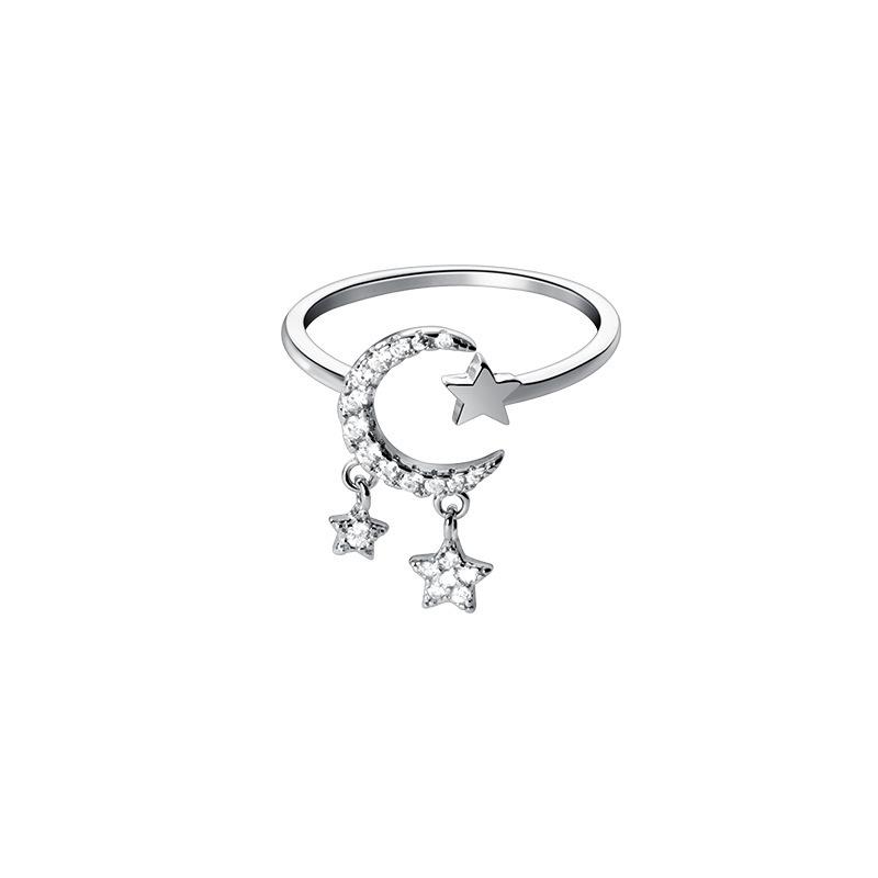 Sweet Minimalist 925 Silver Star Moon Ring with Diamond Flowers Simple Light Luxury Jewelry for Women