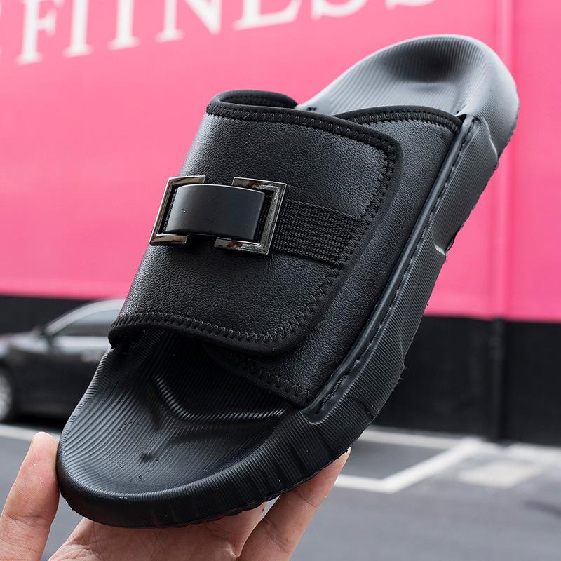 One-word Drag Men's Summer Wear Trend Casual Leather Slippers Thick-soled Non-slip Men's Beach Sandals