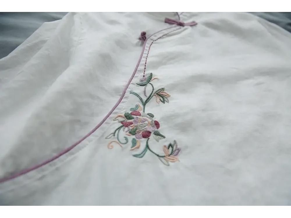 Chinese-Style Retro Cotton-Linen Mid-Sleeve Shirt with Stand-Up Collar and Embroidered Tea Service Design for Women.